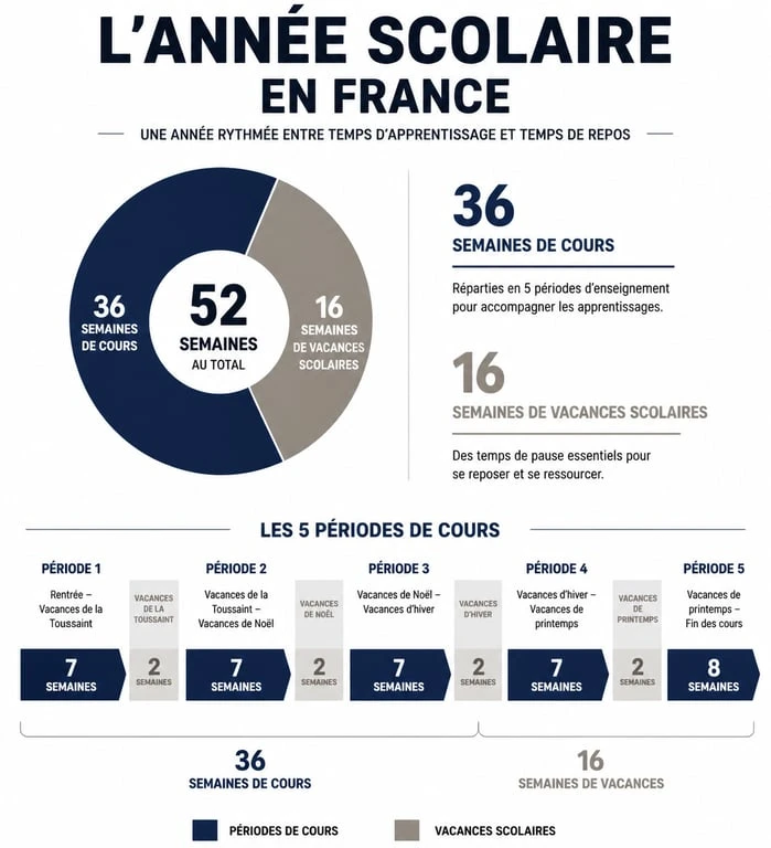 Infographie montrant la répartition des 36 semaines de cours et 16 semaines de vacances dans l'année scolaire française