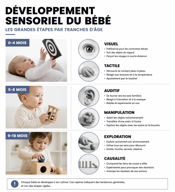 Infographie des étapes de développement pour les jeux sensoriels bébé par âge