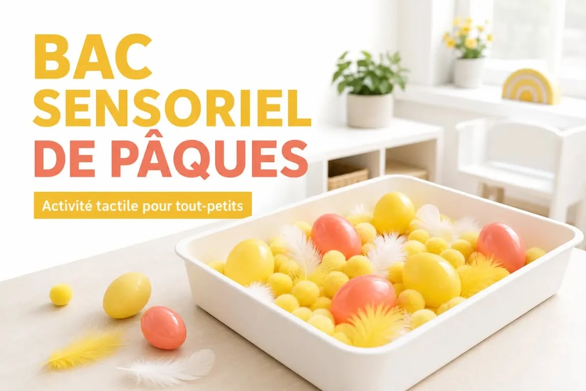 Bac sensoriel de Pâques pour activité en crèche avec œufs en plastique et pompons colorés
