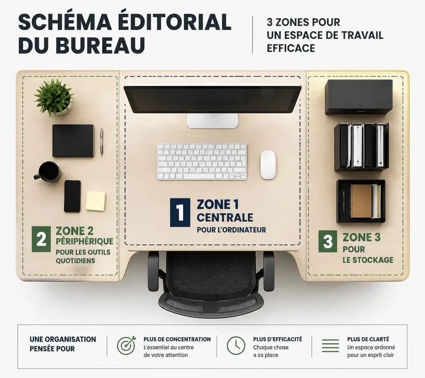 Schéma d'organisation de bureau avec trois zones fonctionnelles pour optimiser la productivité et organiser un bureau efficacement