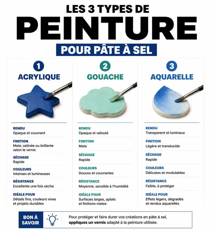 Comparatif des peintures pour peindre la pâte à sel : acrylique, gouache et aquarelle