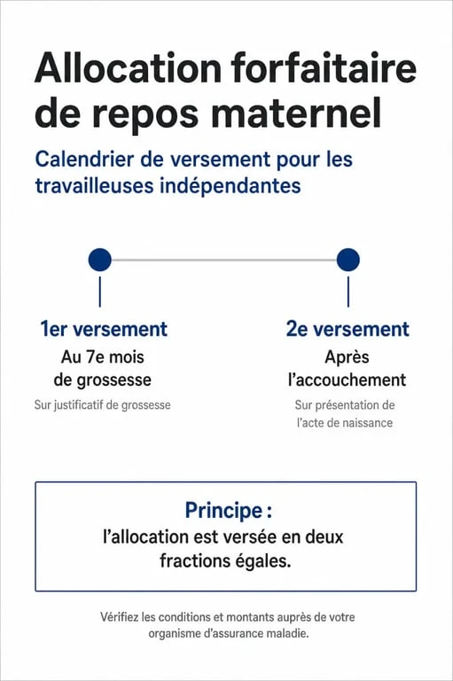 Infographie du calendrier de versement de l'allocation forfaitaire de repos maternel pour travailleuses indépendantes