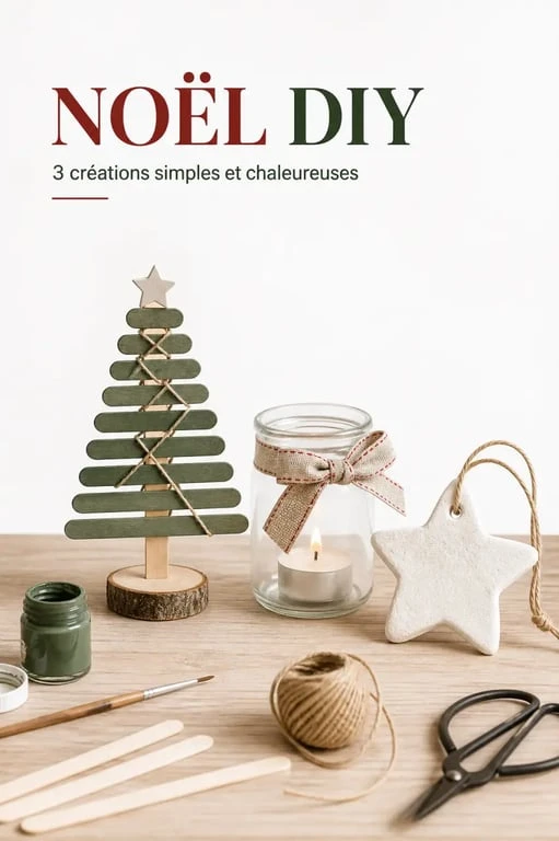 Exemples d'activités manuelles de Noël pour enfants : sapin en bâtonnets, photophore et décorations en pâte à sel