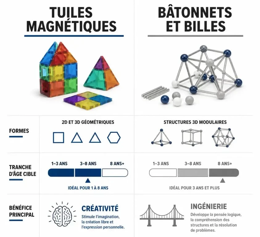 Comparatif visuel des types de jeu de construction magnétique : tuiles vs bâtonnets pour aider les parents à choisir le modèle adapté à l'âge de l'enfant.