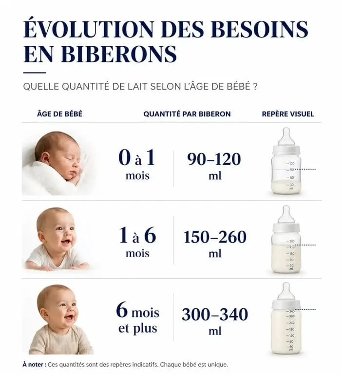 Infographie sur le choix de la taille des biberons selon l'âge et la croissance de bébé pour savoir combien de biberons acheter
