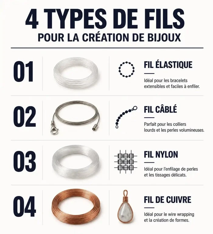 Infographie comparative des fils et supports pour le matériel pour création bijoux