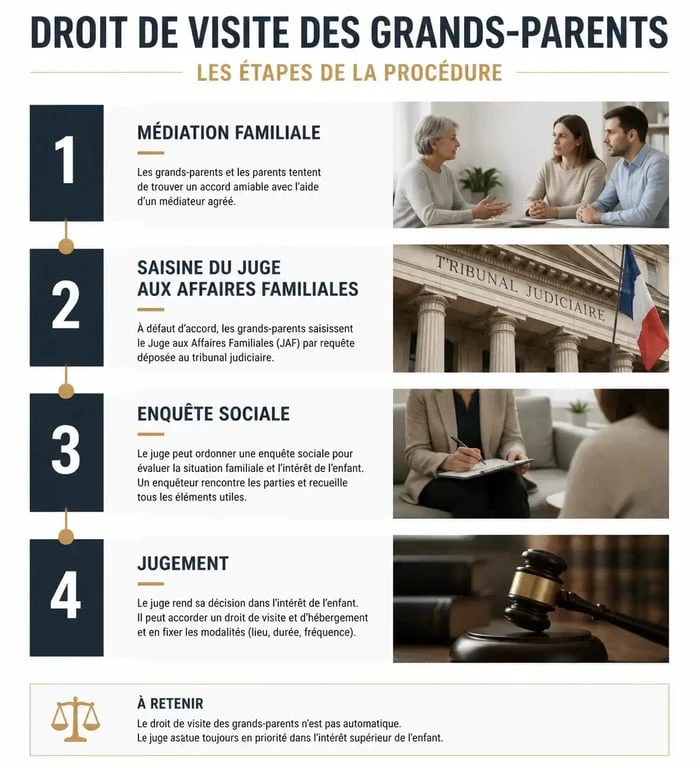Schéma des étapes de la procédure juridique pour le droit de visite des grands-parents