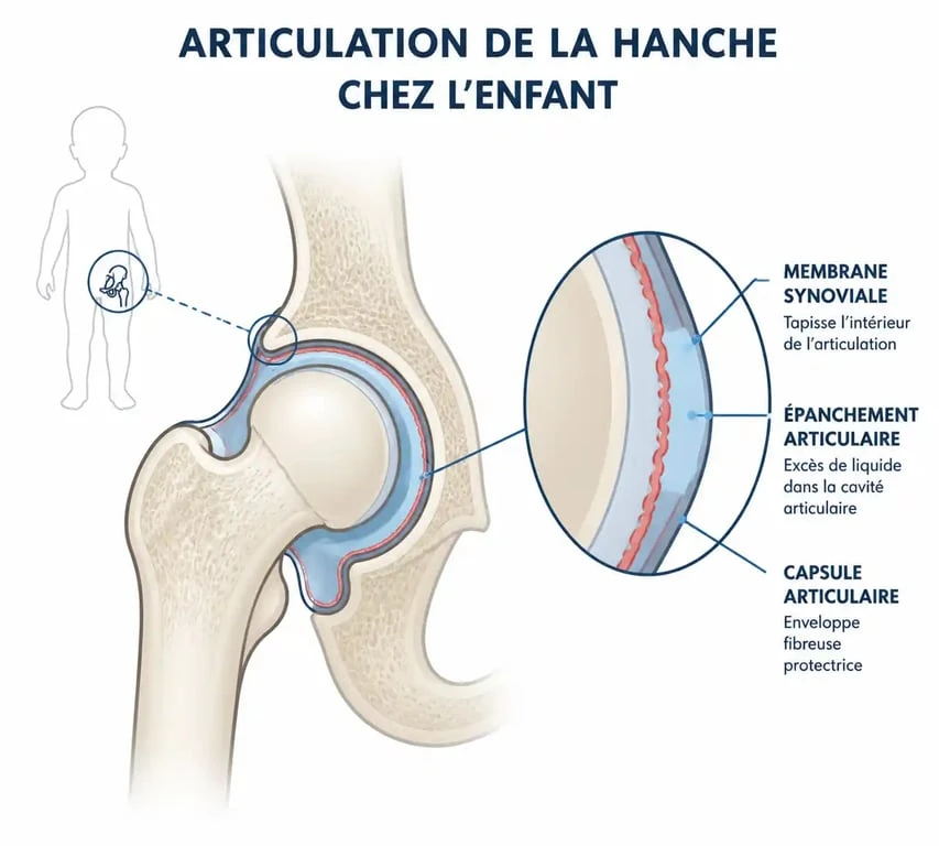 Schéma anatomique expliquant le rhume de hanche chez l'enfant