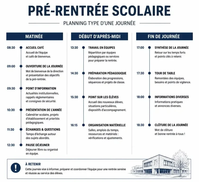 Planning type d'une journée de pré-rentrée 2025 pour les enseignants et personnels éducatifs