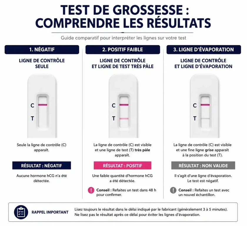 Comparaison visuelle entre un test de grossesse positif faible, un test négatif et une ligne d'évaporation pour mieux interpréter son test de grossesse.
