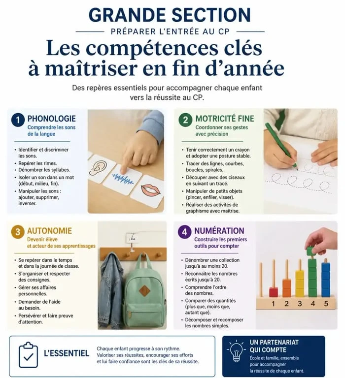 Infographie des compétences clés en grande section pour la préparation au CP