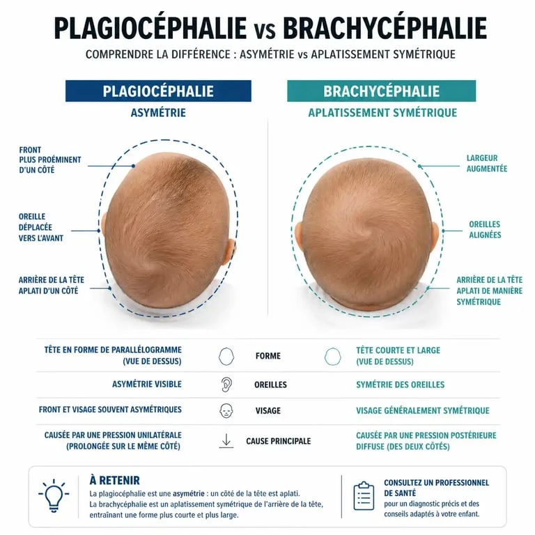 Schéma comparatif de la plagiocéphalie et de la brachycéphalie chez le nourrisson