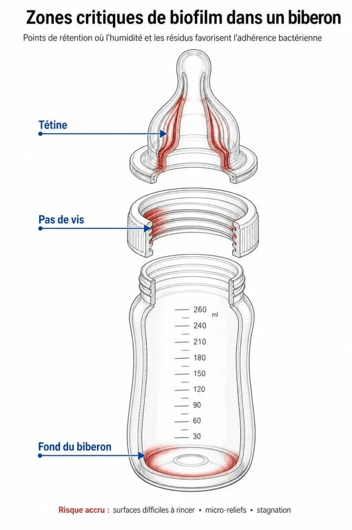 Infographie sur les conséquences d'un biberon mal lavé et les zones à risque de prolifération bactérienne