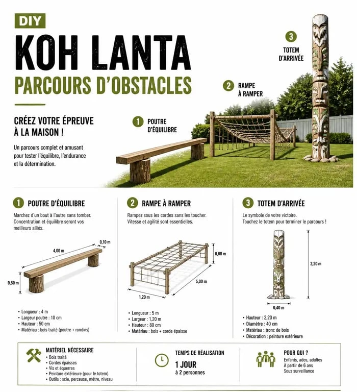 Installation de jeux Koh Lanta faits maison dans un jardin avec parcours d'obstacles et totem