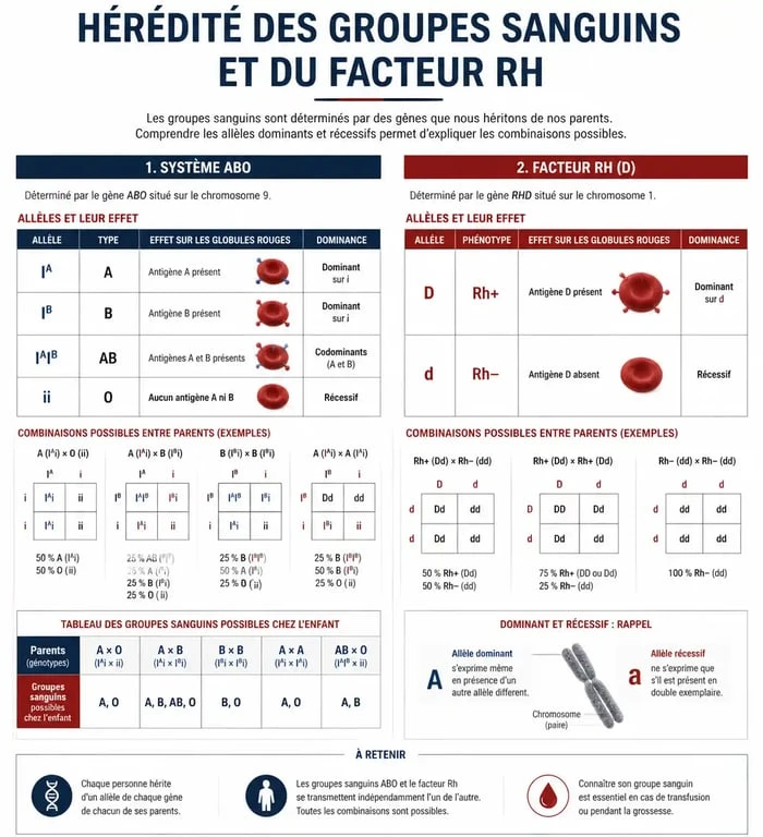 Infographie sur la transmission génétique du groupe sanguin et du rhésus chez l'enfant
