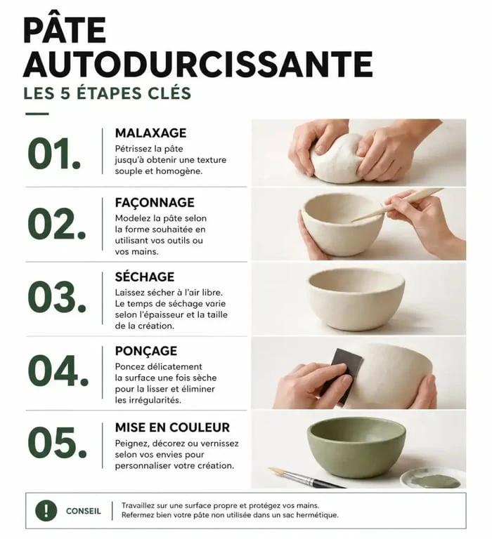 Étapes de création avec de la pâte autodurcissante : du modelage au séchage final