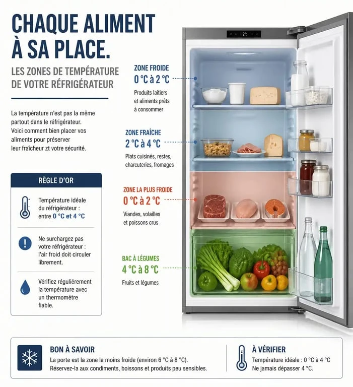 Infographie illustrant les zones de température pour bien ranger son frigo et optimiser la conservation des aliments
