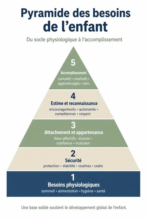 Infographie illustrant la pyramide des besoins de l'enfant pour son développement et son épanouissement