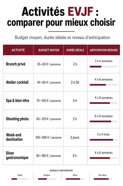 Tableau comparatif des activités EVJF : budget, durée et anticipation pour organiser un enterrement de vie de jeune fille réussi