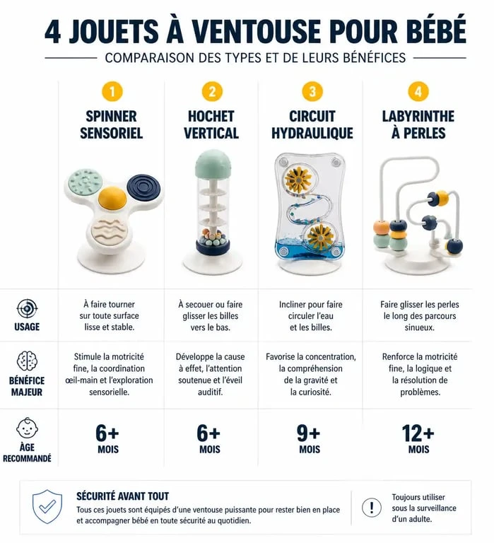 Comparatif des types de jouets ventouse bébé pour choisir le modèle adapté à l'éveil et au développement de l'enfant