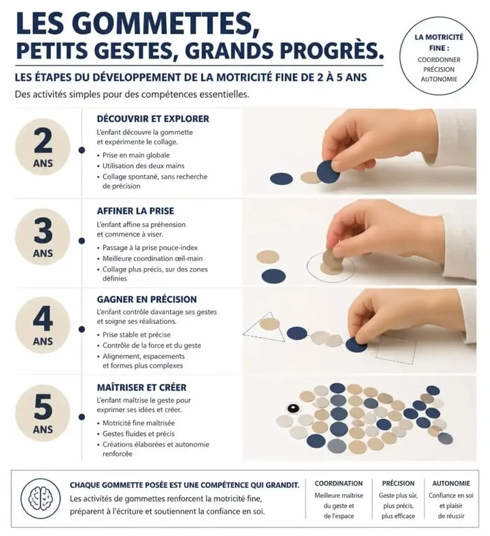 Infographie sur les bienfaits de l'activité gommette maternelle pour le développement moteur