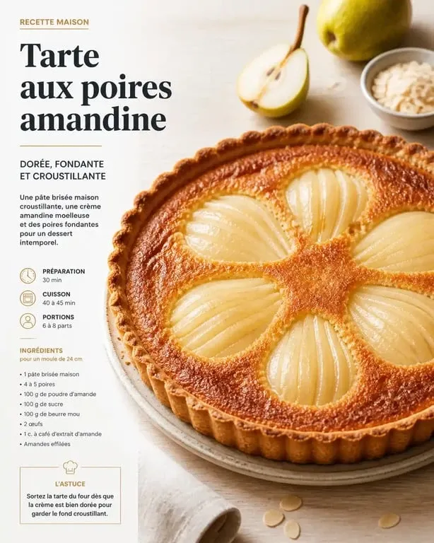 Tarte aux poires amandine réalisée avec une pâte brisée maison croustillante