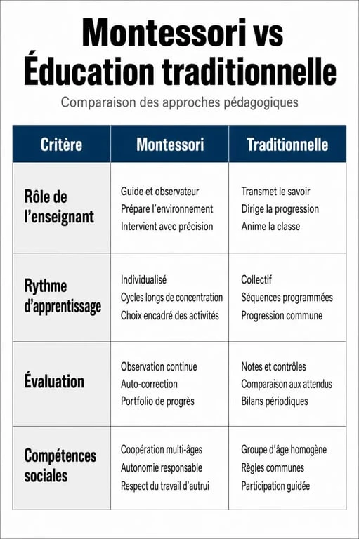 Infographie comparative des différences entre éducation Montessori et système traditionnel pour comprendre les bénéfices de la pédagogie Montessori.