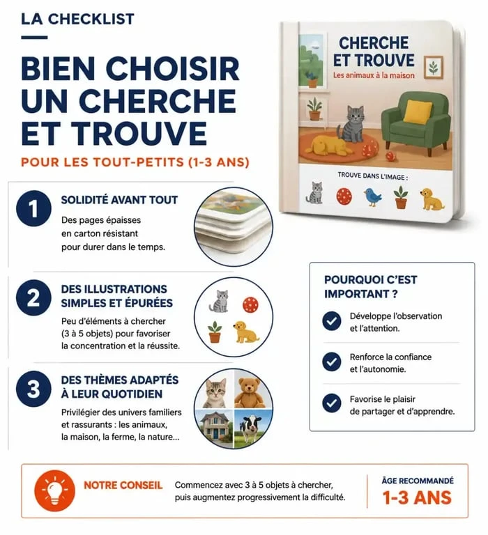 Infographie des critères pour choisir un livre cherche et trouve pour tout-petit