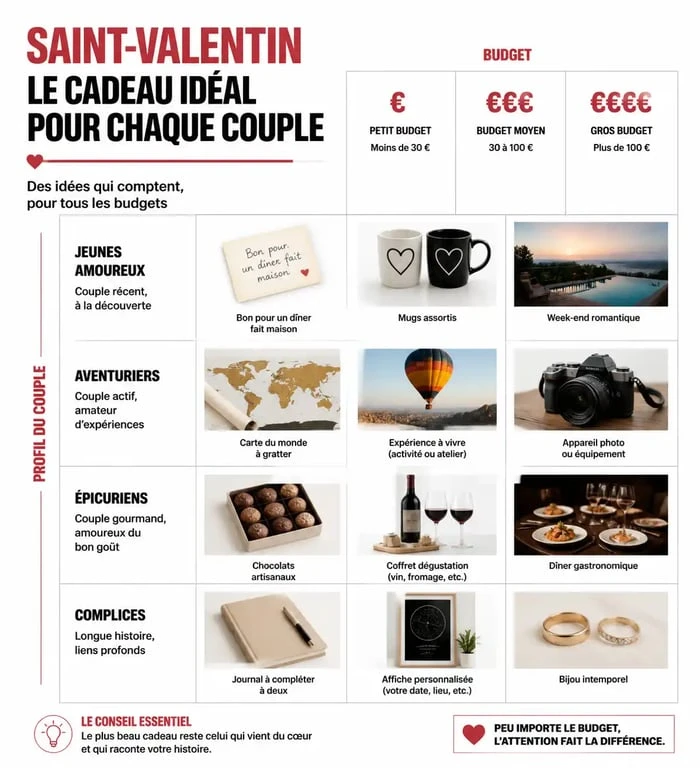 Infographie des idées de Saint-Valentin par profil de couple et budget pour trouver l'idée cadeau idéale.