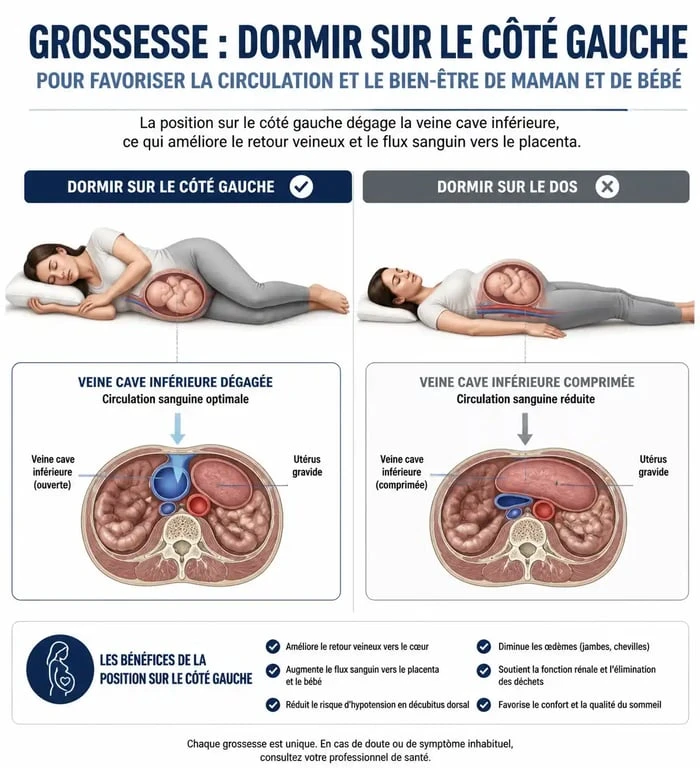 Schéma explicatif de la position pour dormir enceinte sur le côté gauche
