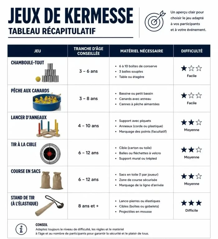 Infographie récapitulative des 60 idées de jeux pour kermesse : âge, matériel et difficulté