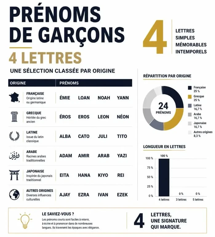 Infographie des prénoms de garçon de 4 lettres les plus populaires et leurs origines