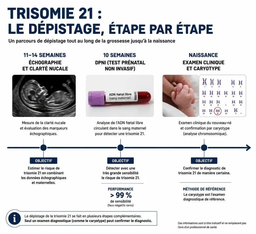 Infographie du calendrier de dépistage de la trisomie 21, de la grossesse à la naissance
