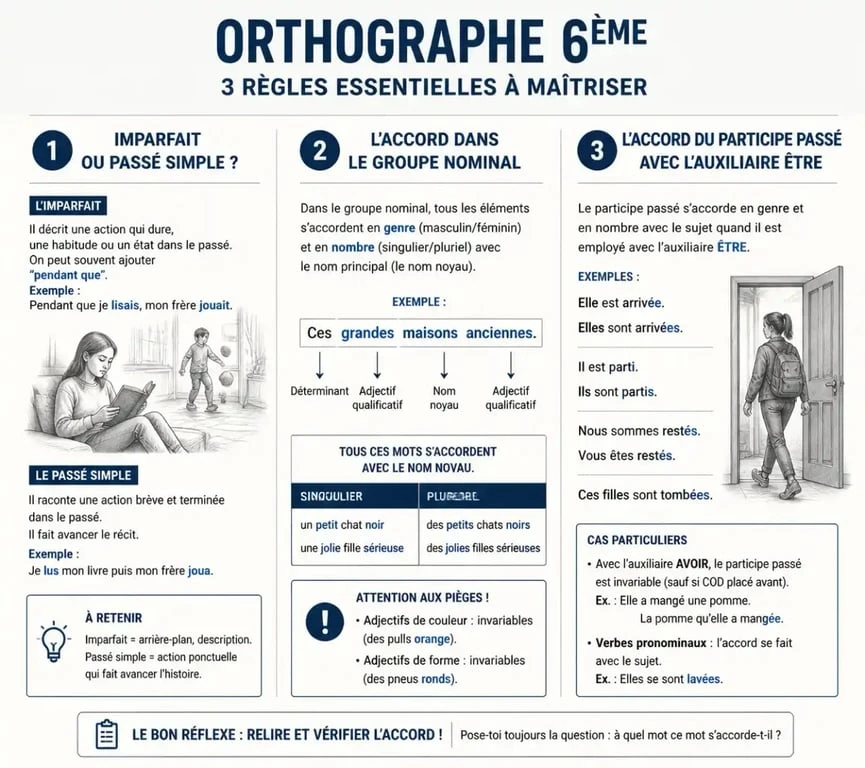 Infographie des règles d'orthographe et dictée 6ème : accords, temps et grammaire