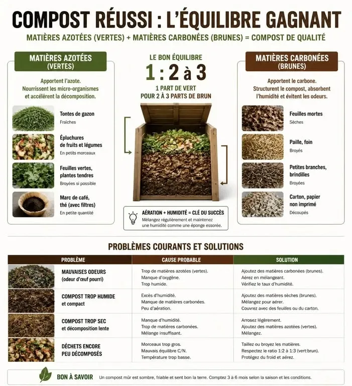 Infographie sur l'équilibre des matières et le dépannage pour un composteur de jardin efficace