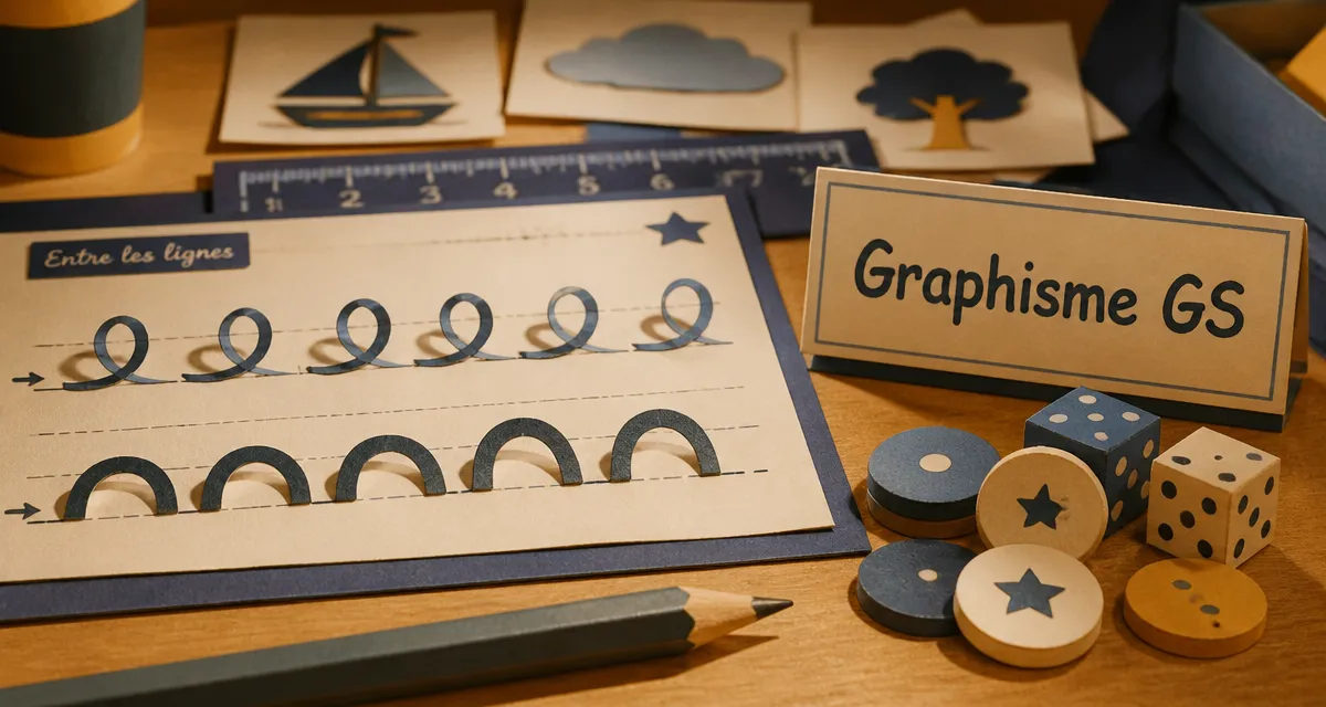 Exercice grande section : fiche graphisme GS, jetons et crayon