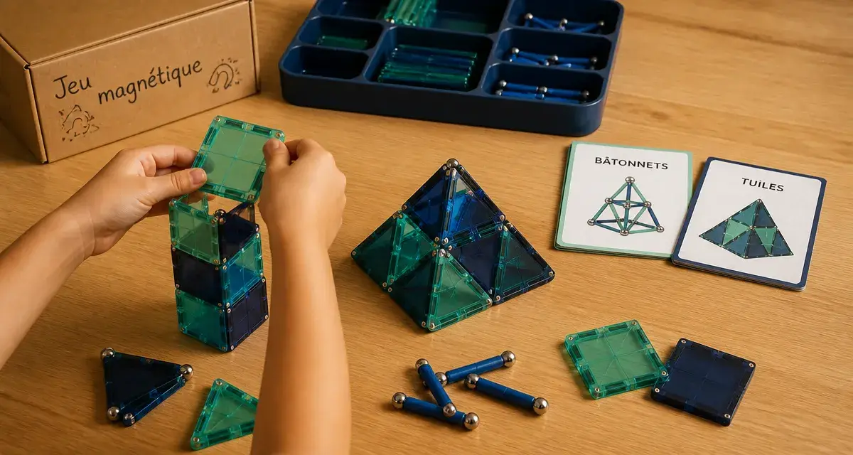 Jeu de construction magnétique sécurisé, mains assemblant des pièces