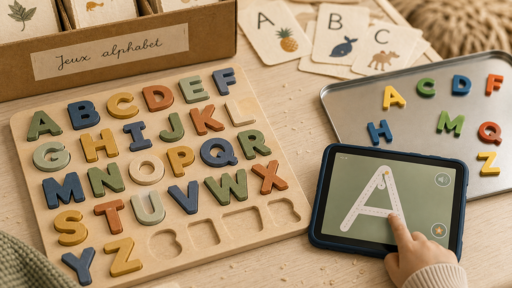 Jeux alphabet pour apprendre les lettres, puzzle et tracé A Montessori