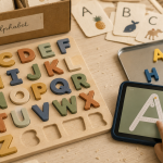 Jeux alphabet pour apprendre les lettres, puzzle et tracé A Montessori