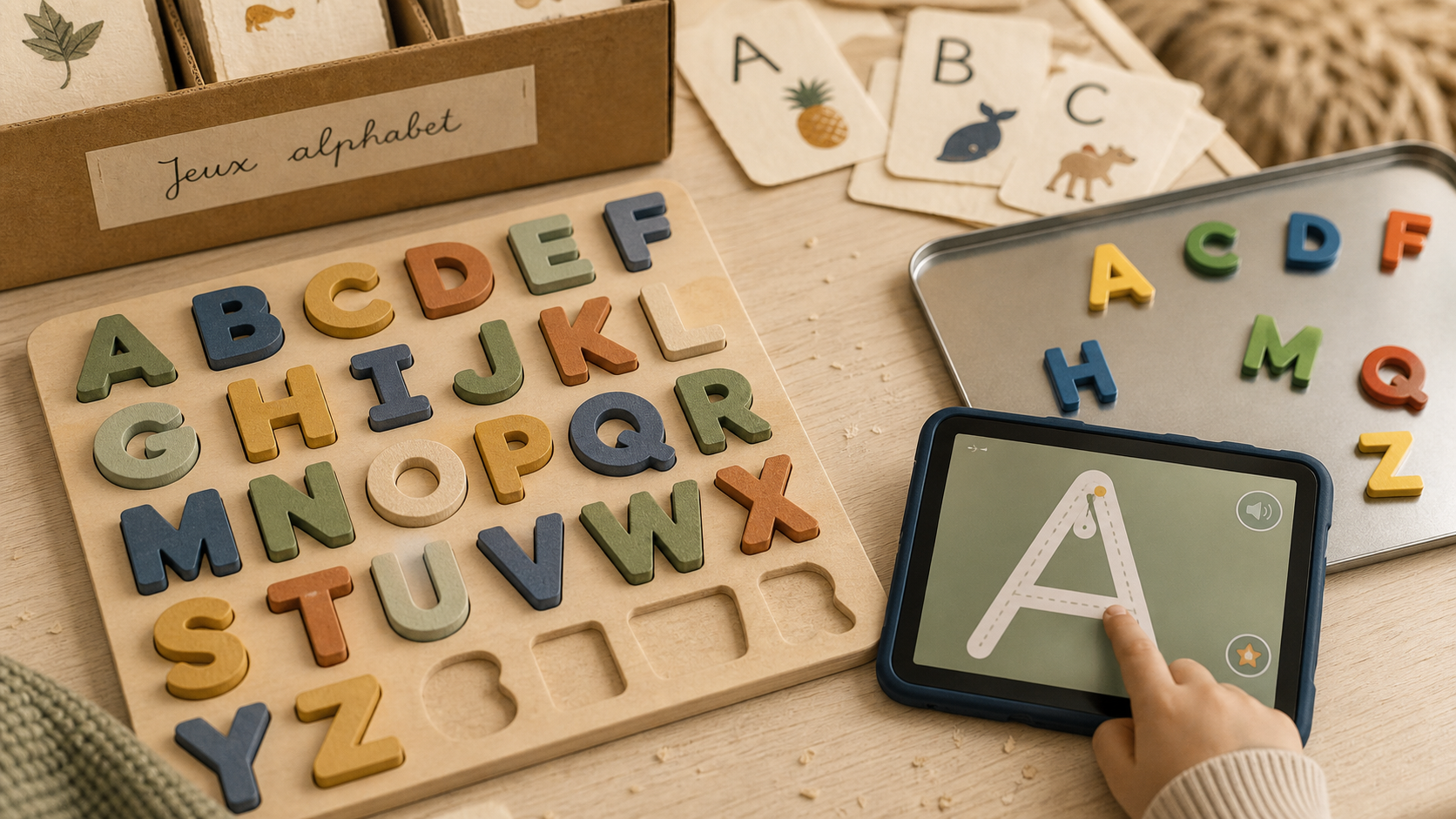 Jeux alphabet pour apprendre les lettres, puzzle et tracé A Montessori