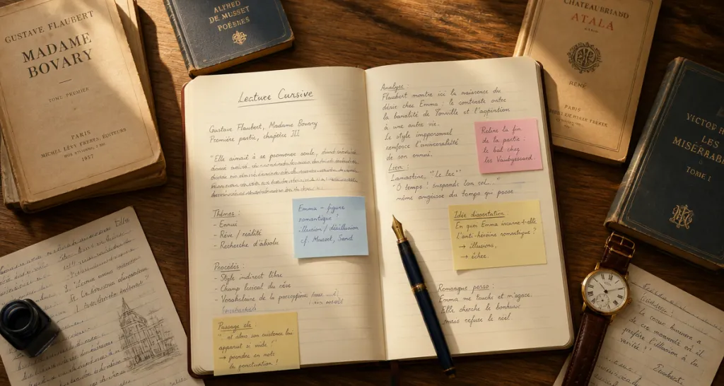 lecture cursive bac de français carnet notes bureau