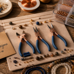 Materiel pour creation bijoux, pinces et apprêts sur établi