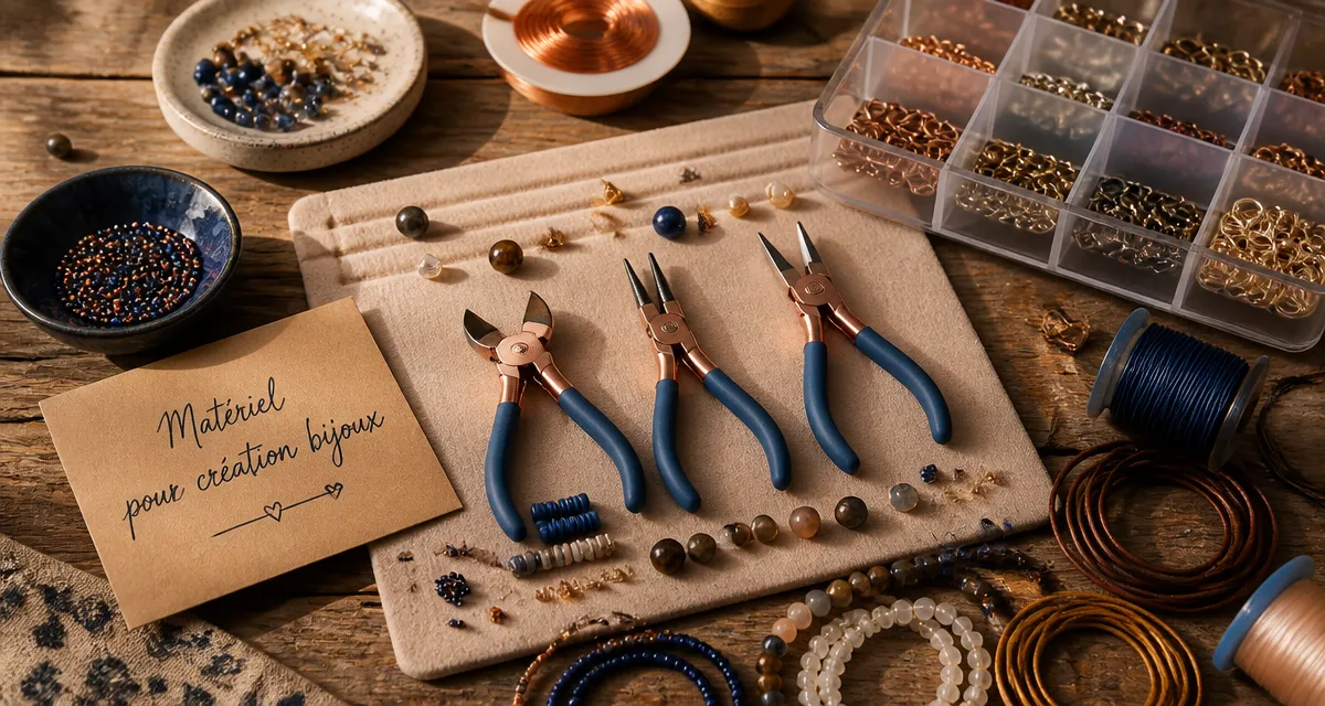 Materiel pour creation bijoux, pinces et apprêts sur établi