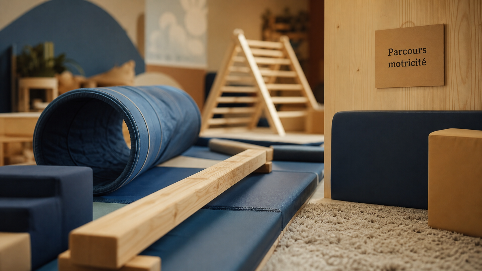 Parcours motricité : salle d’éveil moteur avec poutre et tunnel
