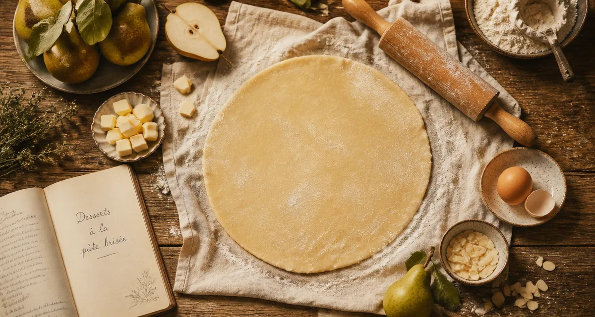 recette sucrée avec pâte brisée sur table rustique
