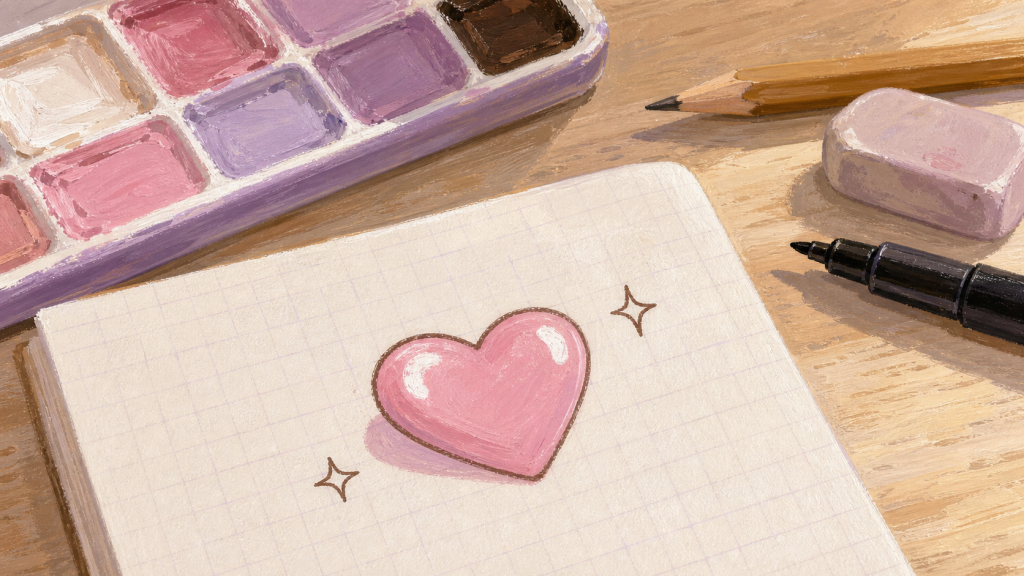 Dessin aesthetic facile : cœur glossy rose et mini planète sur papier