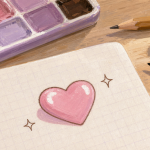 Dessin aesthetic facile : cœur glossy rose et mini planète sur papier