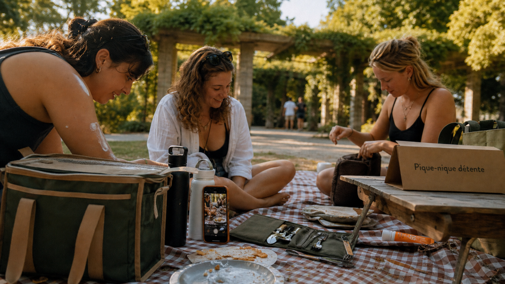 Pique-nique entre copines dehors au soleil, parc urbain