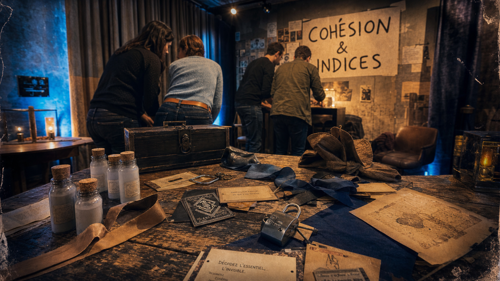 Activité de groupe originale : escape game sensoriel, équipes cherchant des indices en salle de séminaire