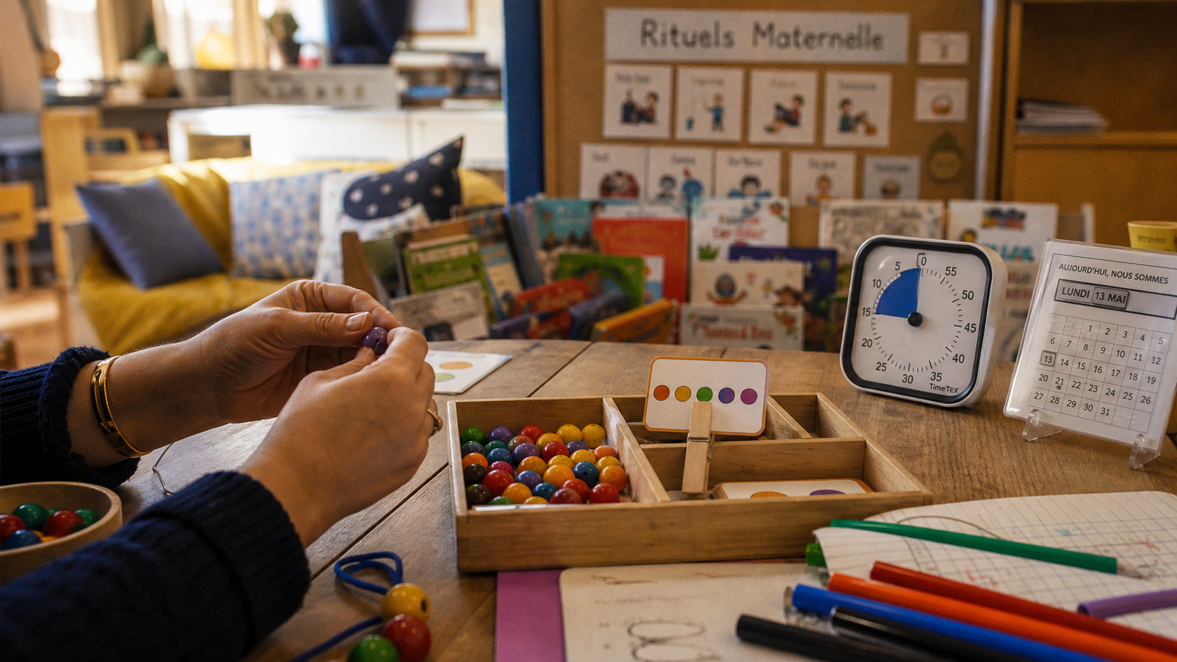 Activité maternelle : éducatrice avec supports d’apprentissage sur table